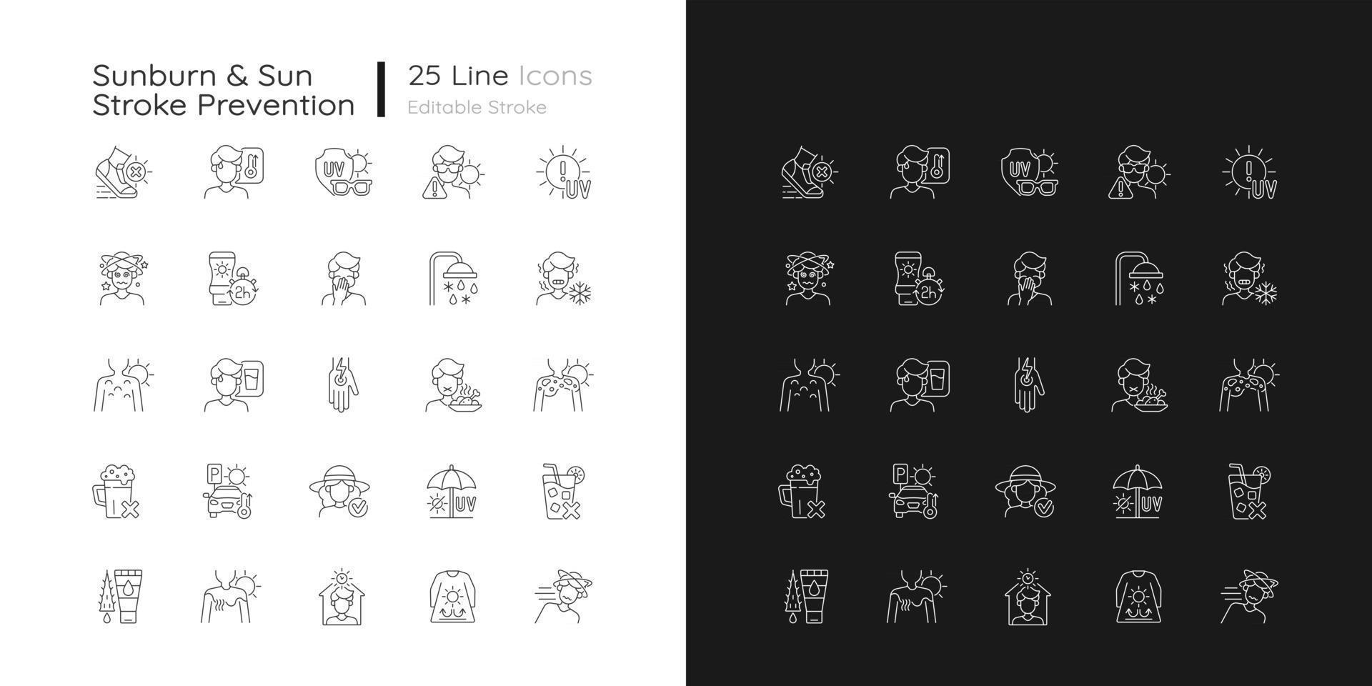 Sunburn and sunstroke prevention linear icons set for dark and light mode. Heatstroke symptoms. Hot weather. Customizable thin line symbols. Isolated vector outline illustrations. Editable stroke