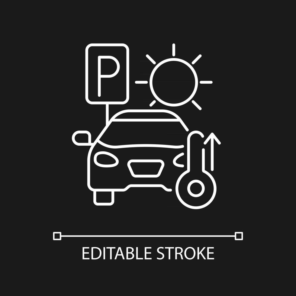 Not staying in parked car white linear icon for dark theme. High temperature in auto on parking. Thin line customizable illustration. Isolated vector contour symbol for night mode. Editable stroke
