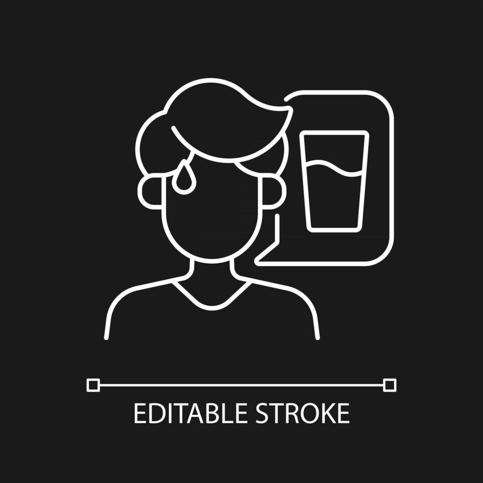 Thirst white linear icon for dark theme. Dehydration symptom during heat wave. Sign of heatstroke. Thin line customizable illustration. Isolated vector contour symbol for night mode. Editable stroke