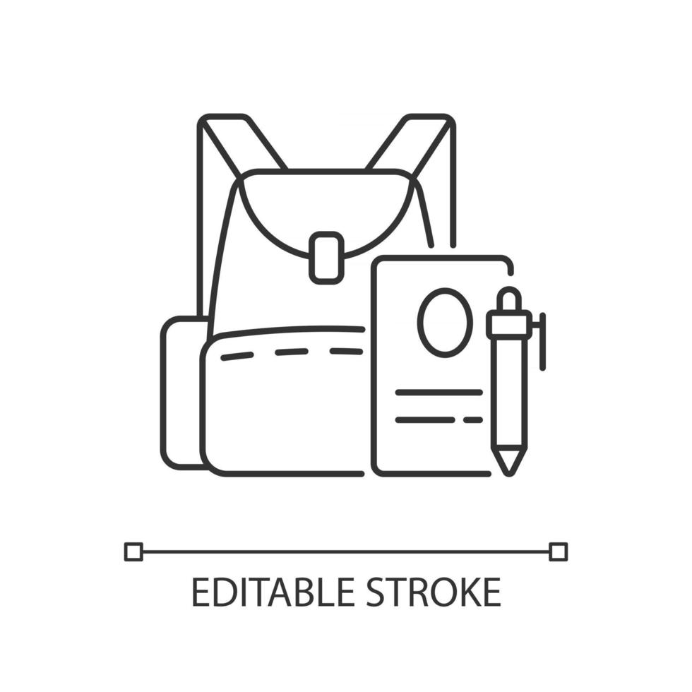 Backpack linear icon. Preparing for school classes. Schoolbag with notebook for student. Thin line customizable illustration. Contour symbol. Vector isolated outline drawing. Editable stroke