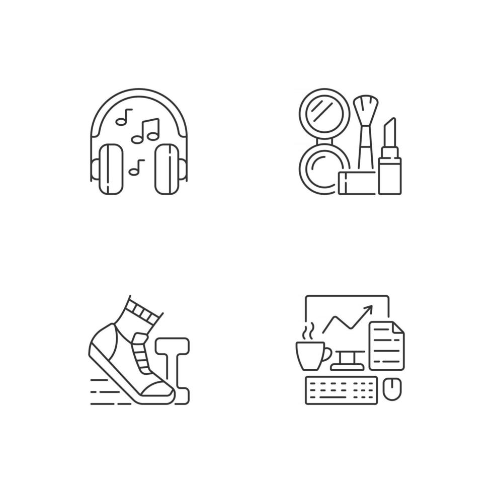 Everyday office worker routine linear icons set. Listening music in headphones. Daily schedule. Customizable thin line contour symbols. Isolated vector outline illustrations. Editable stroke