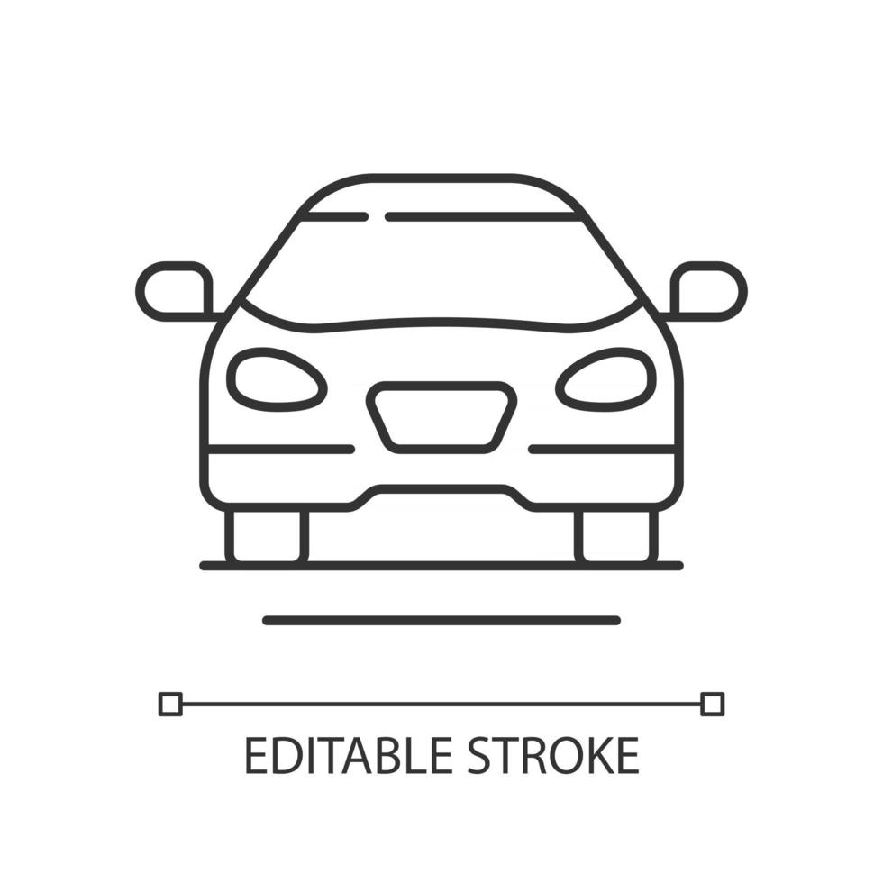 Sedan car linear icon. Fast personal transport. Hybrid auto for family trips. Front of auto. Thin line customizable illustration. Contour symbol. Vector isolated outline drawing. Editable stroke