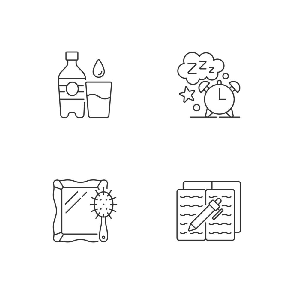 Daily schedule and routine linear icons set. Watter bottle. Sleep time. Everyday routine. Customizable thin line contour symbols. Isolated vector outline illustrations. Editable stroke