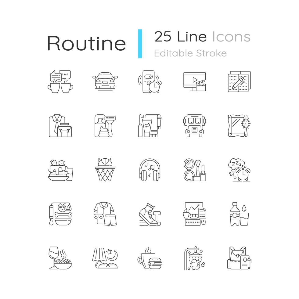 Everyday routine linear icons set. Alarm clock. Coffee break. Tranposrt for transit to work, school. Customizable thin line contour symbols. Isolated vector outline illustrations. Editable stroke