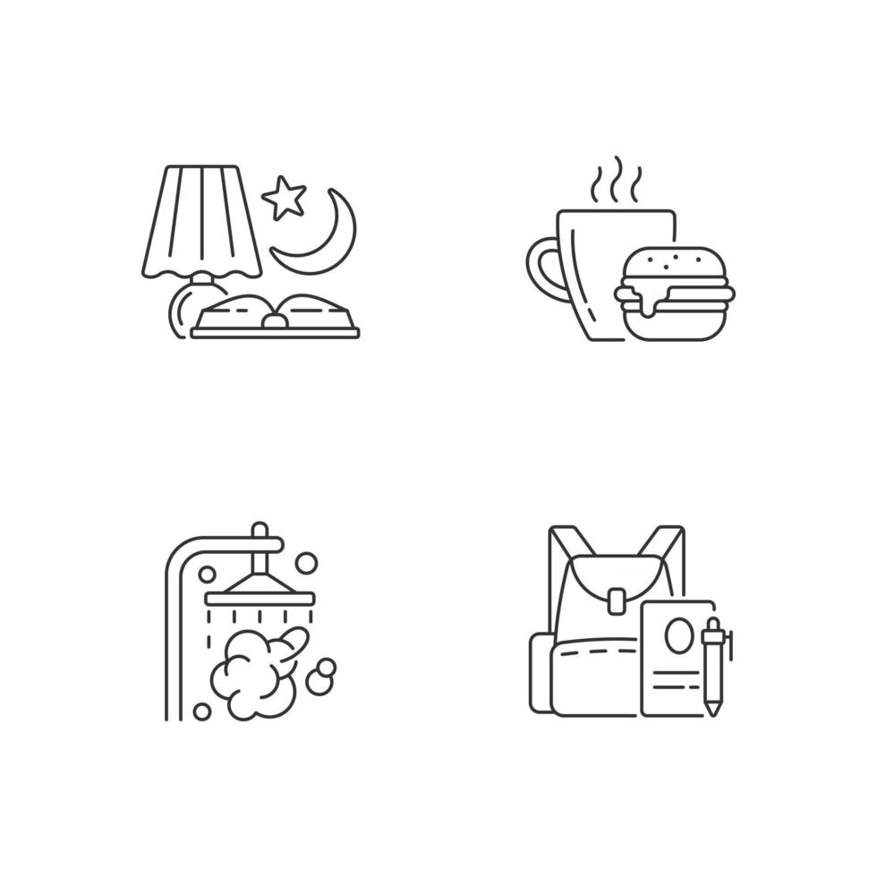 Everyday schedule and routine linear icons set. Evening reading. Lunch meal. Shower and bath. Customizable thin line contour symbols. Isolated vector outline illustrations. Editable stroke