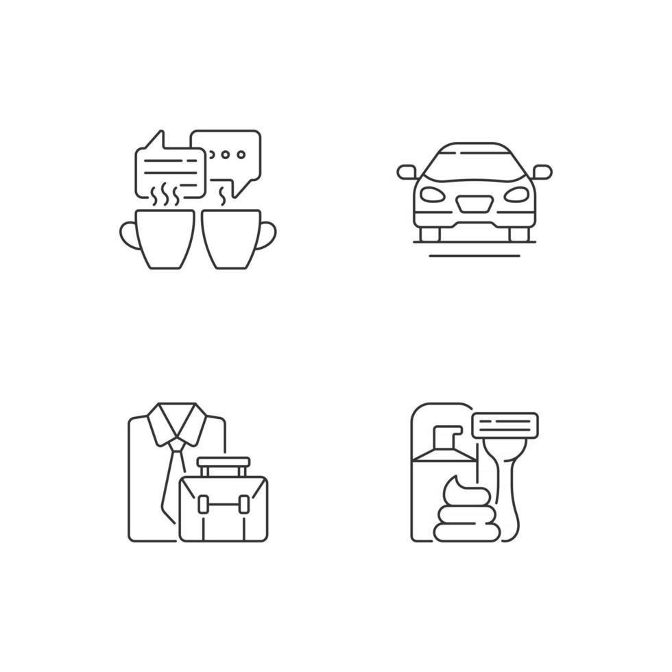 Conjunto de iconos lineales de actividades diarias. reunirse tomando un café con amigos. coche sedán. ropa oficial. símbolos de contorno de línea fina personalizables. ilustraciones de contorno de vector aislado. trazo editable