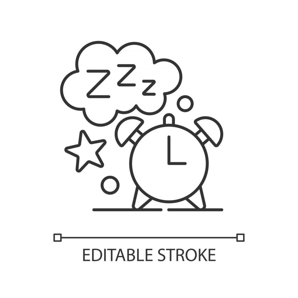 Sleep time linear icon. Alarm clock. Watch dial with nighttime. Countdown to morning wake up. Thin line customizable illustration. Contour symbol. Vector isolated outline drawing. Editable stroke