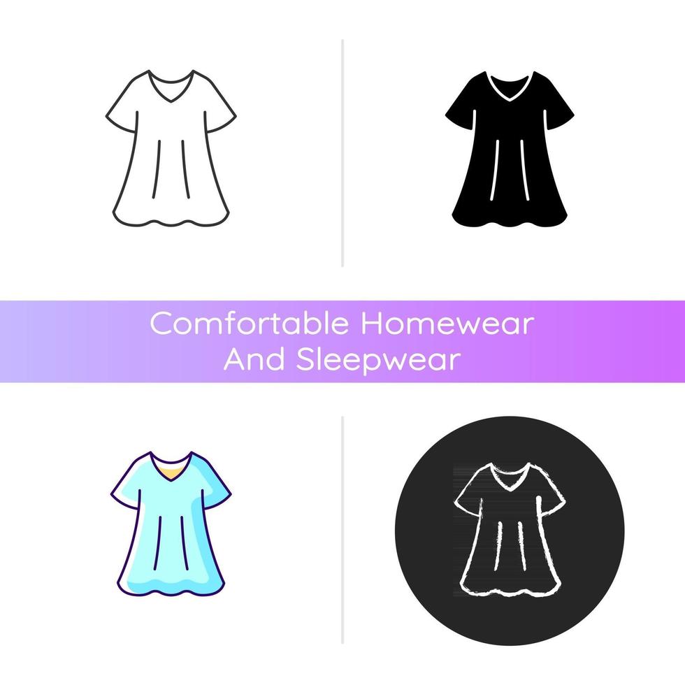 Sporty dress icon. Elegant loungewear for women. Oversized trendy dress. Comfortable homewear and sleepwear for ladies. Linear black and RGB color styles. Isolated vector illustrations