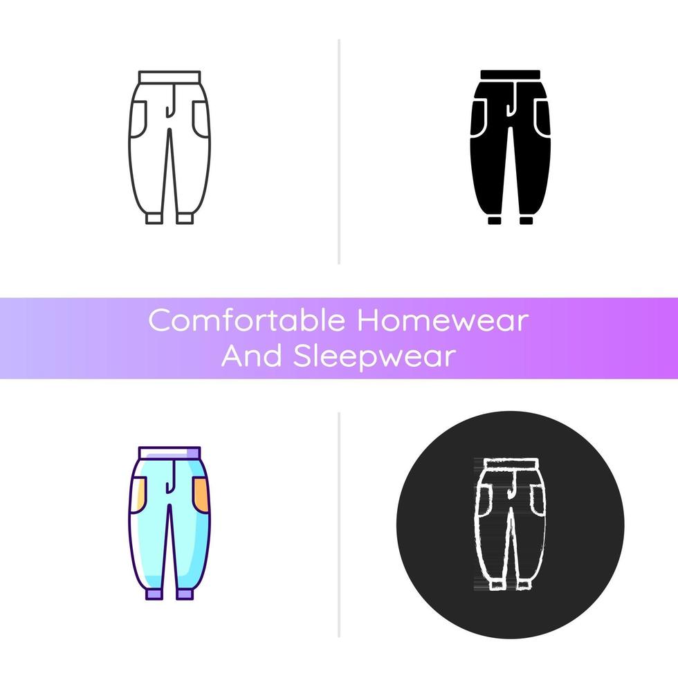 Joggers icon. Trackpants for women. Sweatpants for men. Unisex trousers. Sporty outfit. Comfortable homewear and sleepwear. Linear black and RGB color styles. Isolated vector illustrations