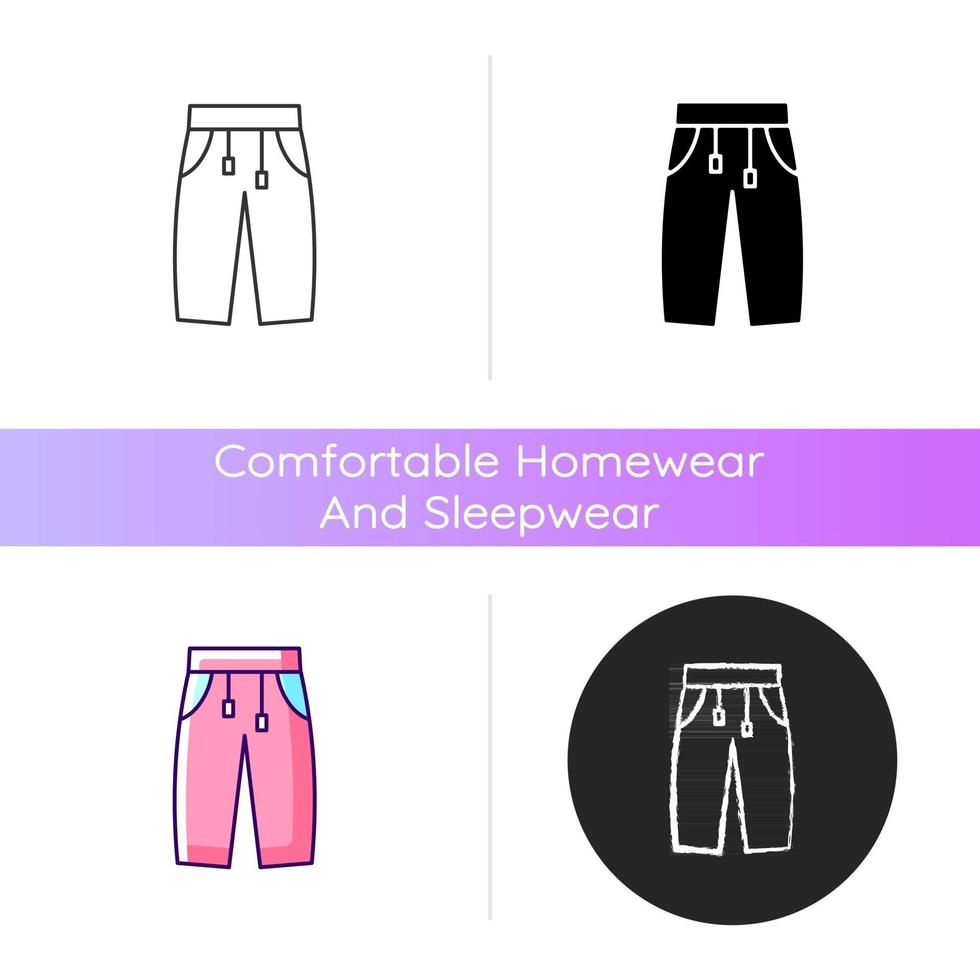 Sweatpants icon. Women pants. Trendy men trousers. Unixes trackpants for home wear. Comfortable homewear and sleepwear. Linear black and RGB color styles. Isolated vector illustrations