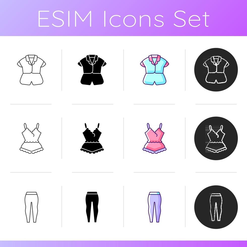 Comfortable sleepwear icons set. Silk top and shorts. Lace pyjamas. Comfy nightwear. Leggings for women. Trendy clothing. Linear, black and RGB color styles. Isolated vector illustrations