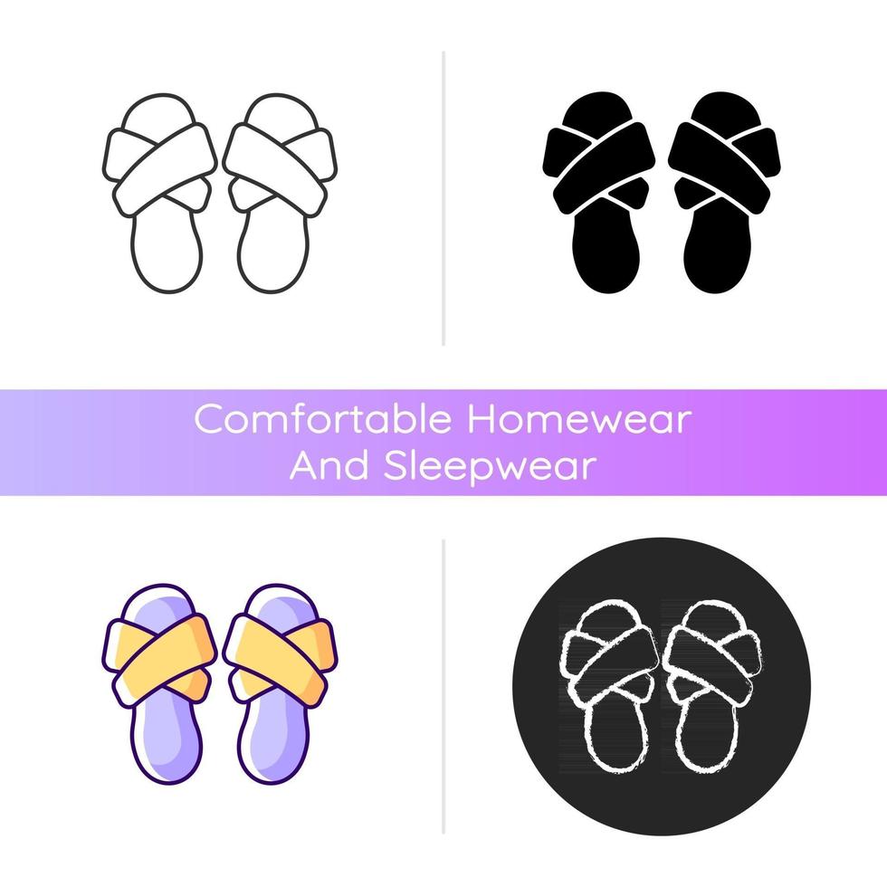 Cross band slippers icon. Footwear for lounging at home. Comfortable shoes. Domestic flip flops. Homeware and sleepwear. Linear black and RGB color styles. Isolated vector illustrations