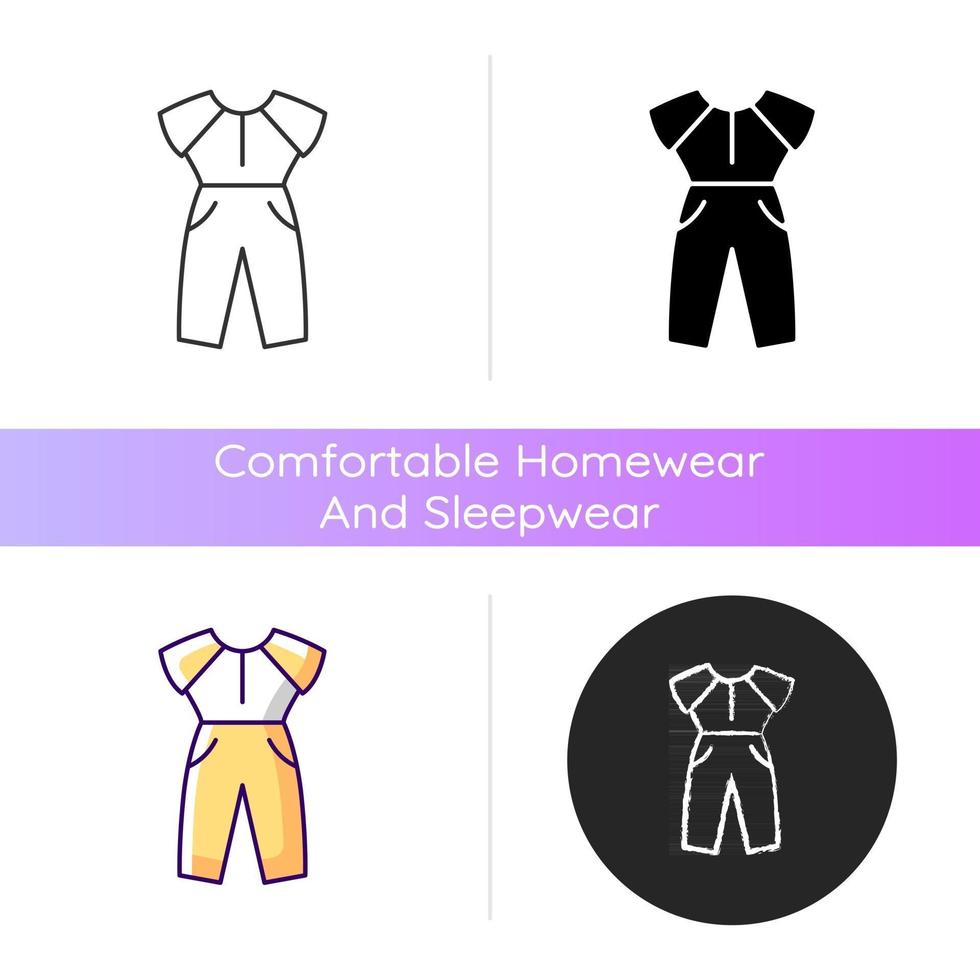 Jumpsuit icon. Female outfit. Women sportswear. Trendy clothes for ladies. Stylish garment. Comfortable homewear and sleepwear. Linear black and RGB color styles. Isolated vector illustrations