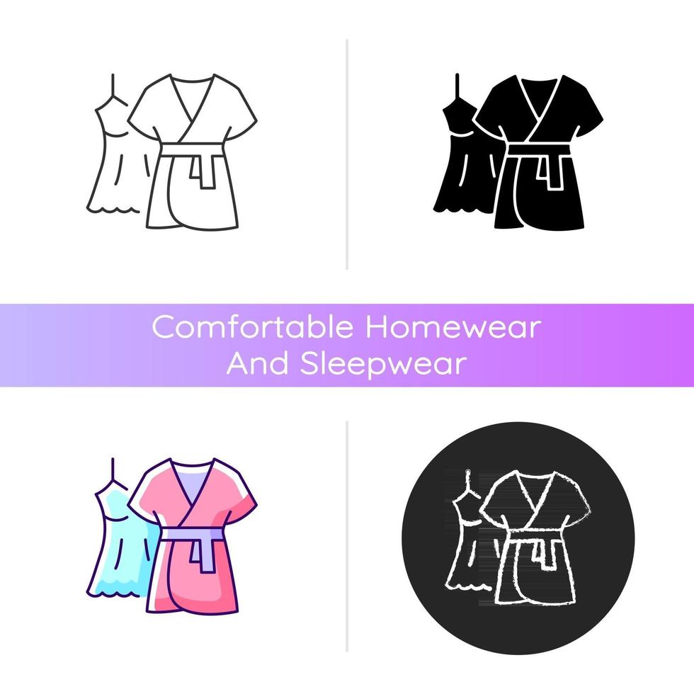 Mini gown with robe icon. Female sleepwear. Women nightwear. Ladies lace dress for sleep. Comfortable homewear and sleepwear. Linear black and RGB color styles. Isolated vector illustrations