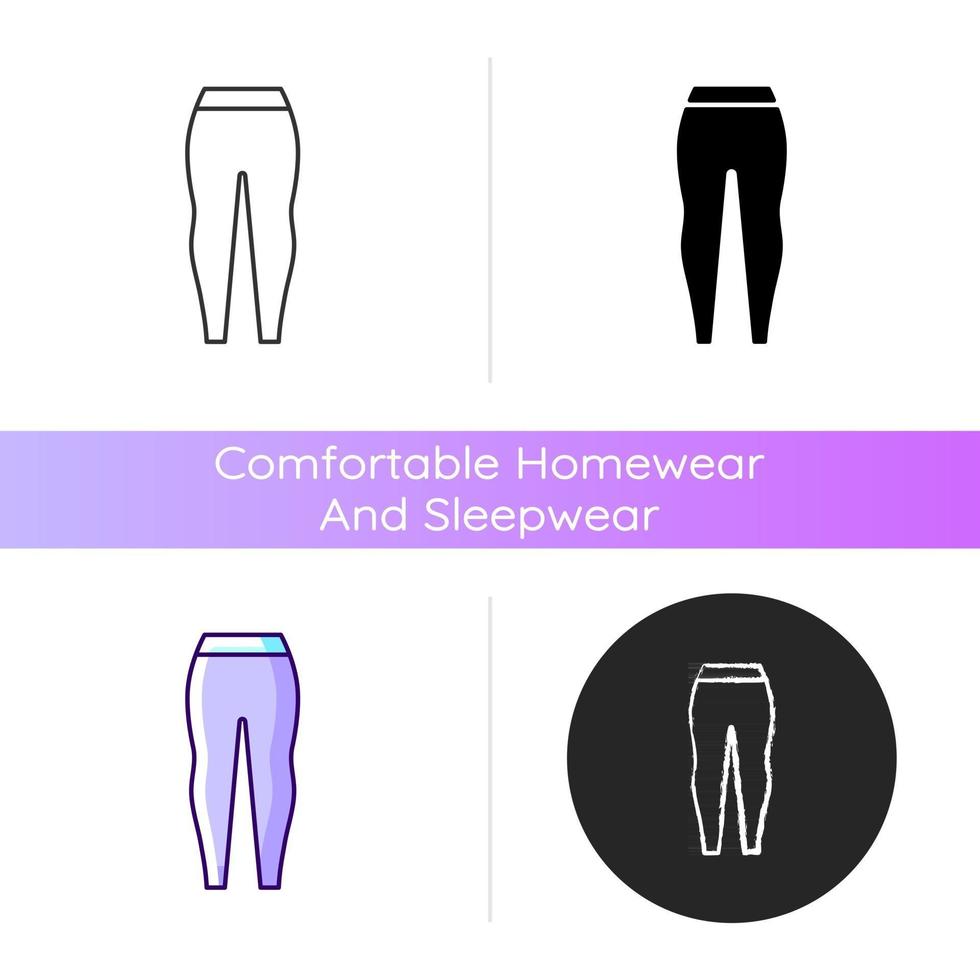 Leggings icon. Female trendy sweatpants. Tight pants for ladies. Stylish sportswear. Comfortable homewear and sleepwear. Linear black and RGB color styles. Isolated vector illustrations