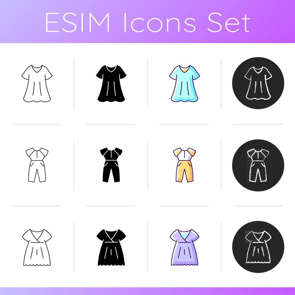 Comfy trendy outfit icons set. Oversized sporty dress. Nightgown for women. Comfortable nightwear. Trendy clothing. Linear, black and RGB color styles. Isolated vector illustrations