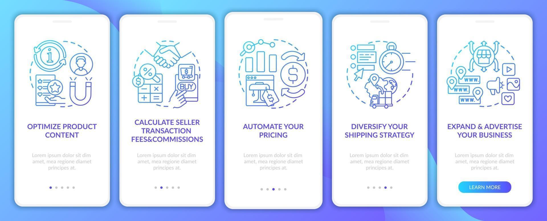 Online retailing success onboarding mobile app page screen. Delivery diversification walkthrough 5 steps graphic instructions with concepts. UI, UX, GUI vector template with linear color illustrations