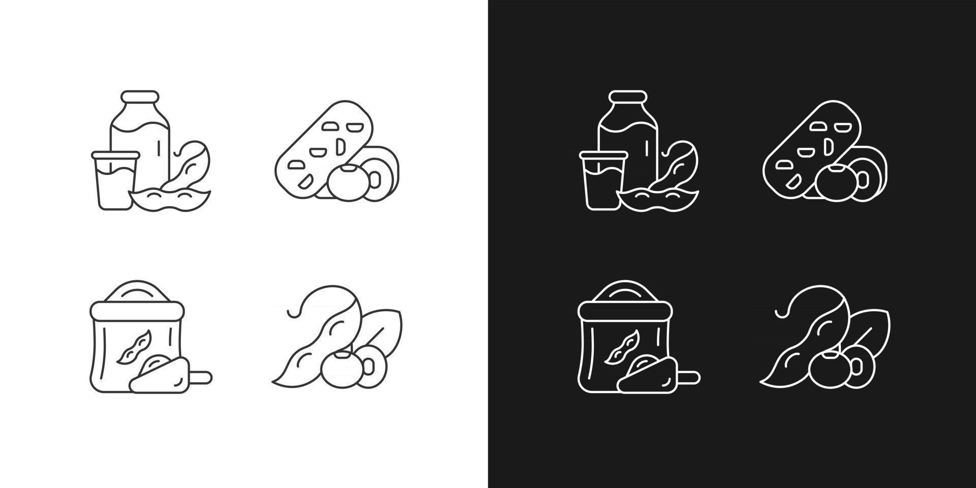 Soy meals linear icons set for dark and light mode. Organic soybean based flour. Vegetable snacks. Customizable thin line symbols. Isolated vector outline illustrations. Editable stroke