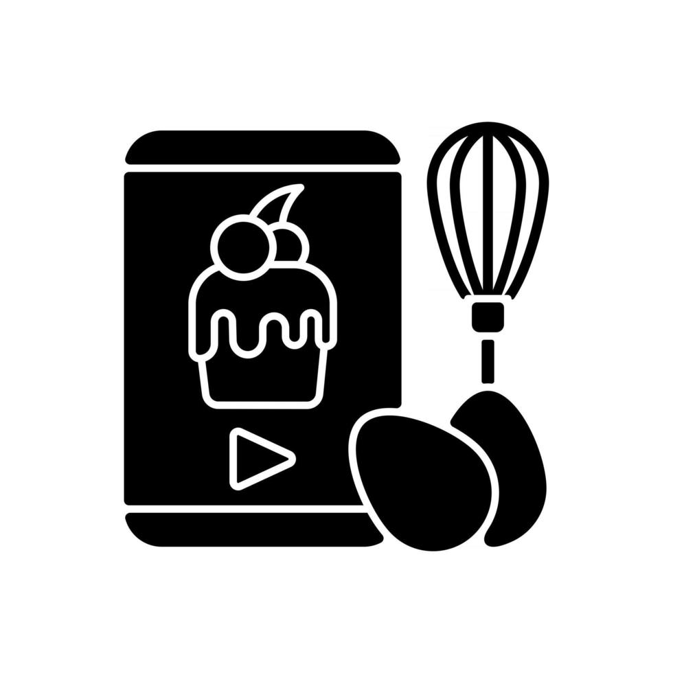 Cooking video black glyph icon. Culinary courses online. Cookery school for learning remotely. Preparing food on social media vlog. Silhouette symbol on white space. Vector isolated illustration