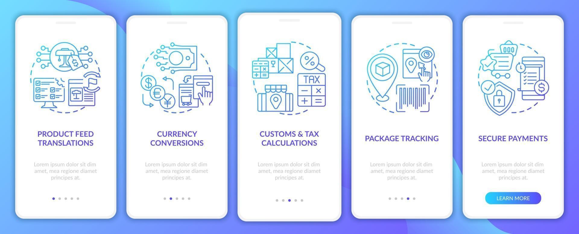 Pantalla de la página de la aplicación móvil de incorporación del servicio de mercado electrónico en todo el mundo. Tutorial de pagos seguros Instrucciones gráficas de 5 pasos con conceptos. ui, ux, plantilla de vector de interfaz gráfica de usuario con ilustraciones en color lineal