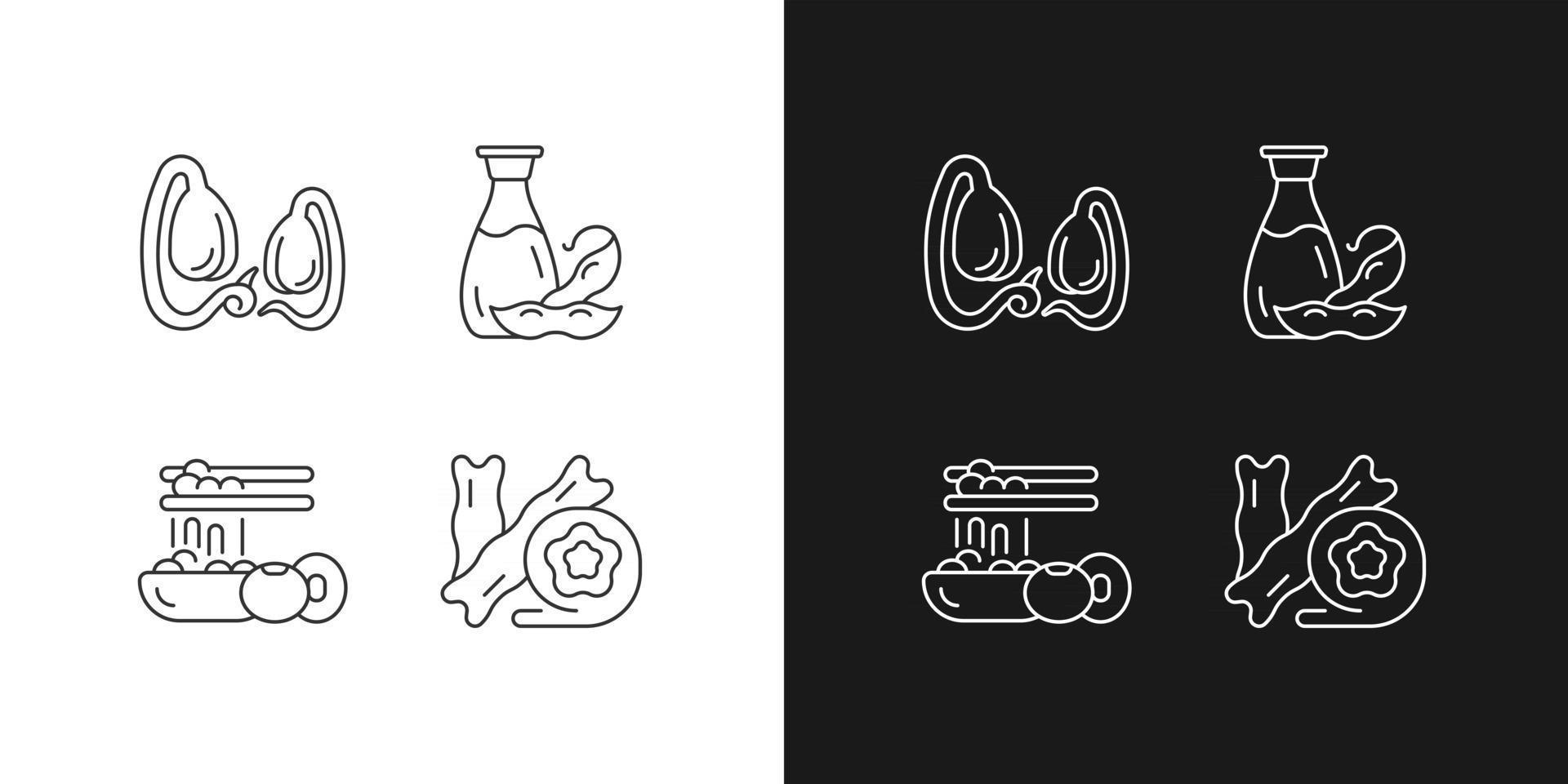 Soy meals linear icons set for dark and light mode. Soybeans sprouts growing. Tofu cheese skin. Organic foods. Customizable thin line symbols. Isolated vector outline illustrations. Editable stroke