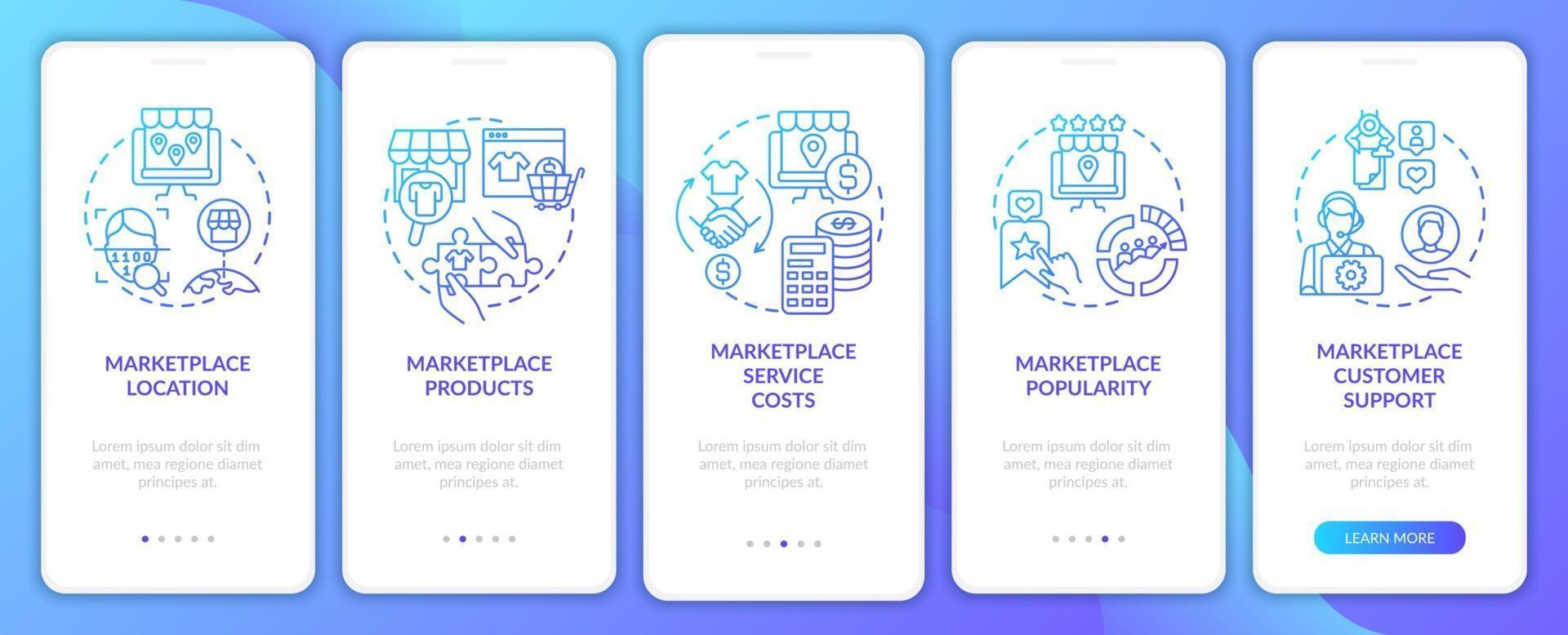 proceso de elección de lugar de venta minorista incorporación de pantalla de página de aplicación móvil Tutorial de soporte al cliente Instrucciones gráficas de 5 pasos con conceptos. ui, ux, plantilla de vector de interfaz gráfica de usuario con ilustraciones en color lineal