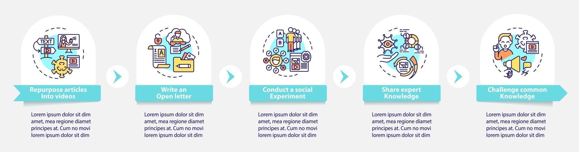 Shareable content methods vector infographic template. Open letter presentation outline design elements. Data visualization with 5 steps. Process timeline info chart. Workflow layout with line icons