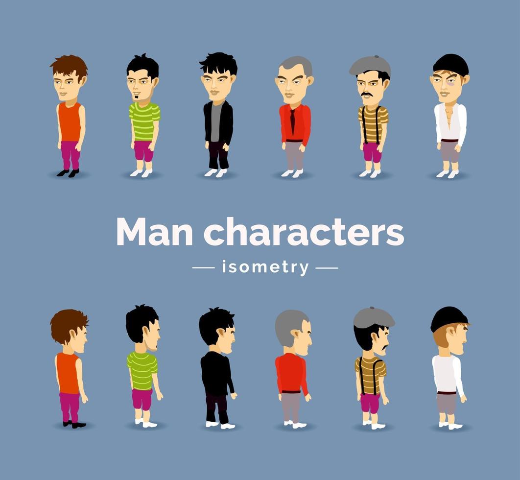 Male characters on a colored isolated isometric background. Vector illustration
