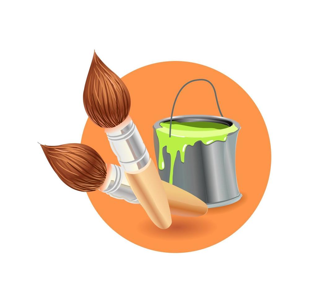 Drawing logo in an orange circle. Paint brushes and paint bucket with the inscription. Vector illustration