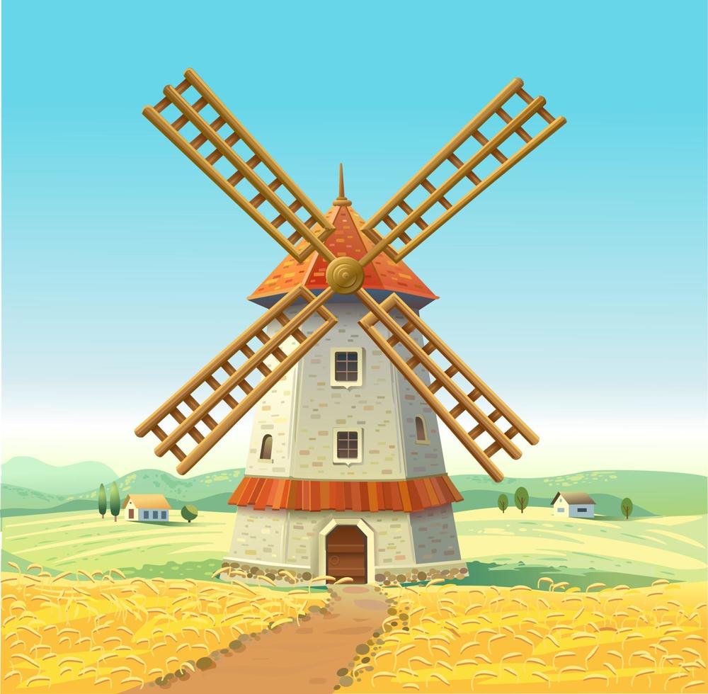 Mill on a sunny field. Wooden Mill. Wheat field. Vector illustration