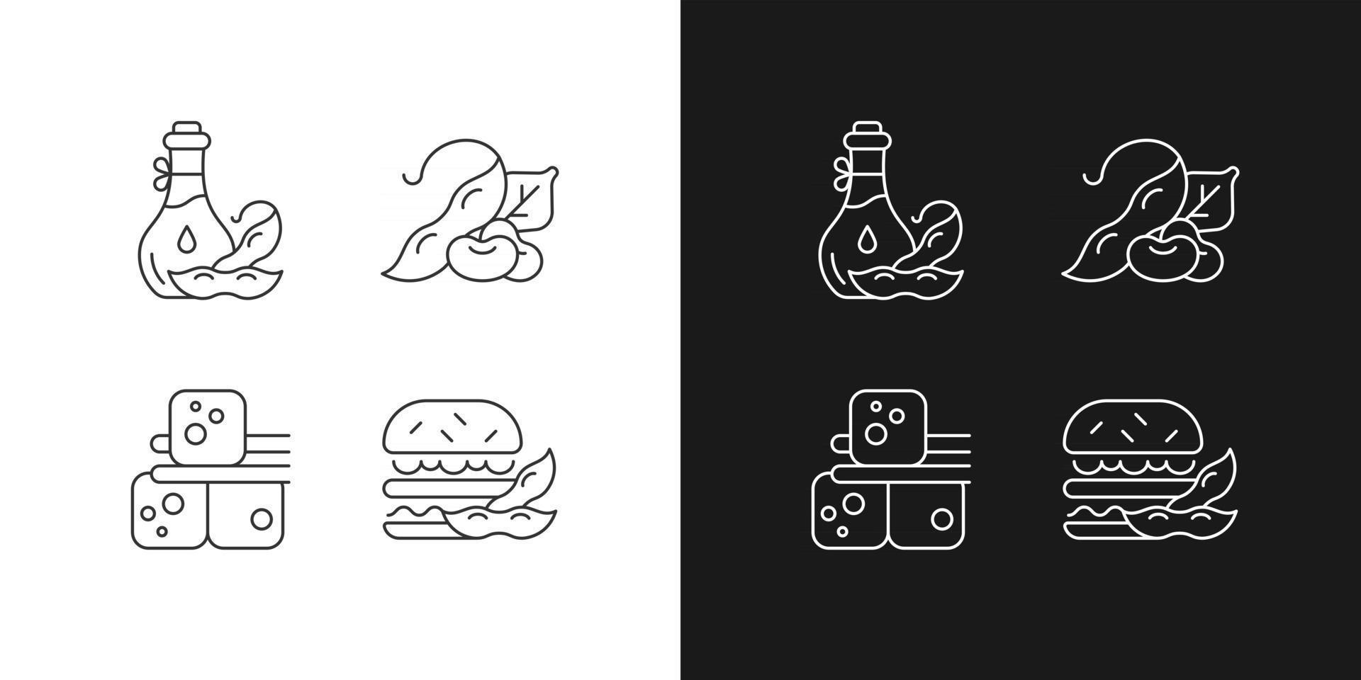 Soybeans cooking linear icons set for dark and light mode. Vegeterin lifestyle. Tofu cubes preparation. Customizable thin line symbols. Isolated vector outline illustrations. Editable stroke