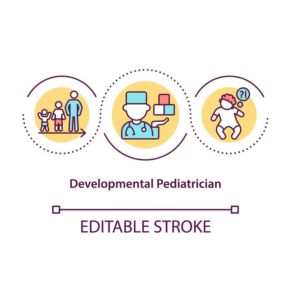 icono del concepto de pediatra del desarrollo. trabajadores médicos especiales que ayudan a los autistas. tratamiento de trastorno idea abstracta ilustración de línea fina. dibujo de color de contorno aislado vectorial. trazo editable vector