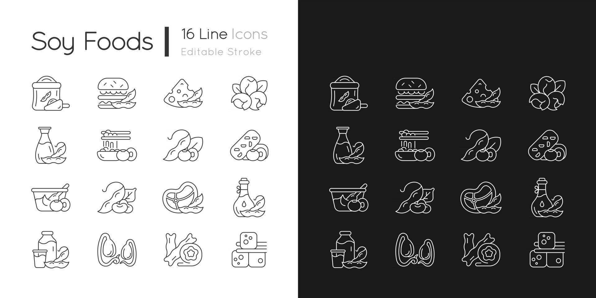 Soy foods linear icons set for dark and light mode. Vegetarian products. Plant based snacks. Nutritions source. Customizable thin line symbols. Isolated vector outline illustrations. Editable stroke