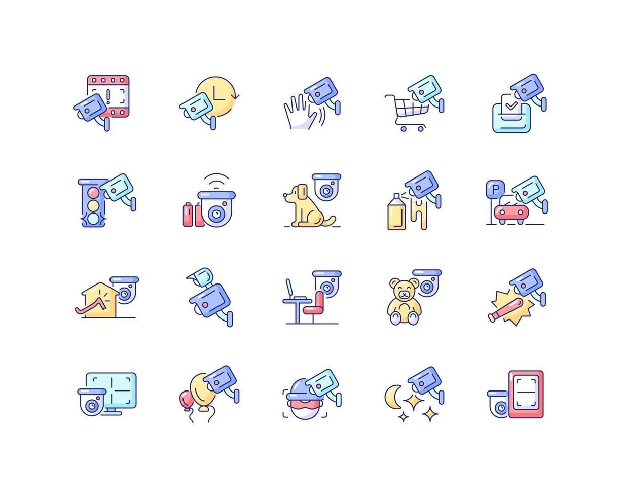 Surveillance and security systems RGB color icons set. CCTV camera installation. 24 7 protection. Isolated vector illustrations. House intrusion prevention simple filled line drawings collection