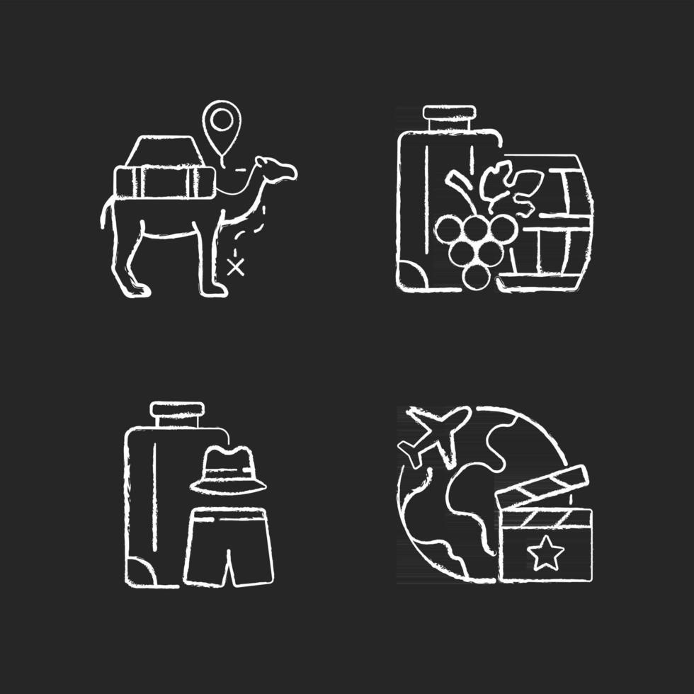 Travel abroad chalk white icons set on dark background. Camel caravan. All boy trip. Set jetting, location hunt abroad. Tourism industry. Isolated vector chalkboard illustrations on black