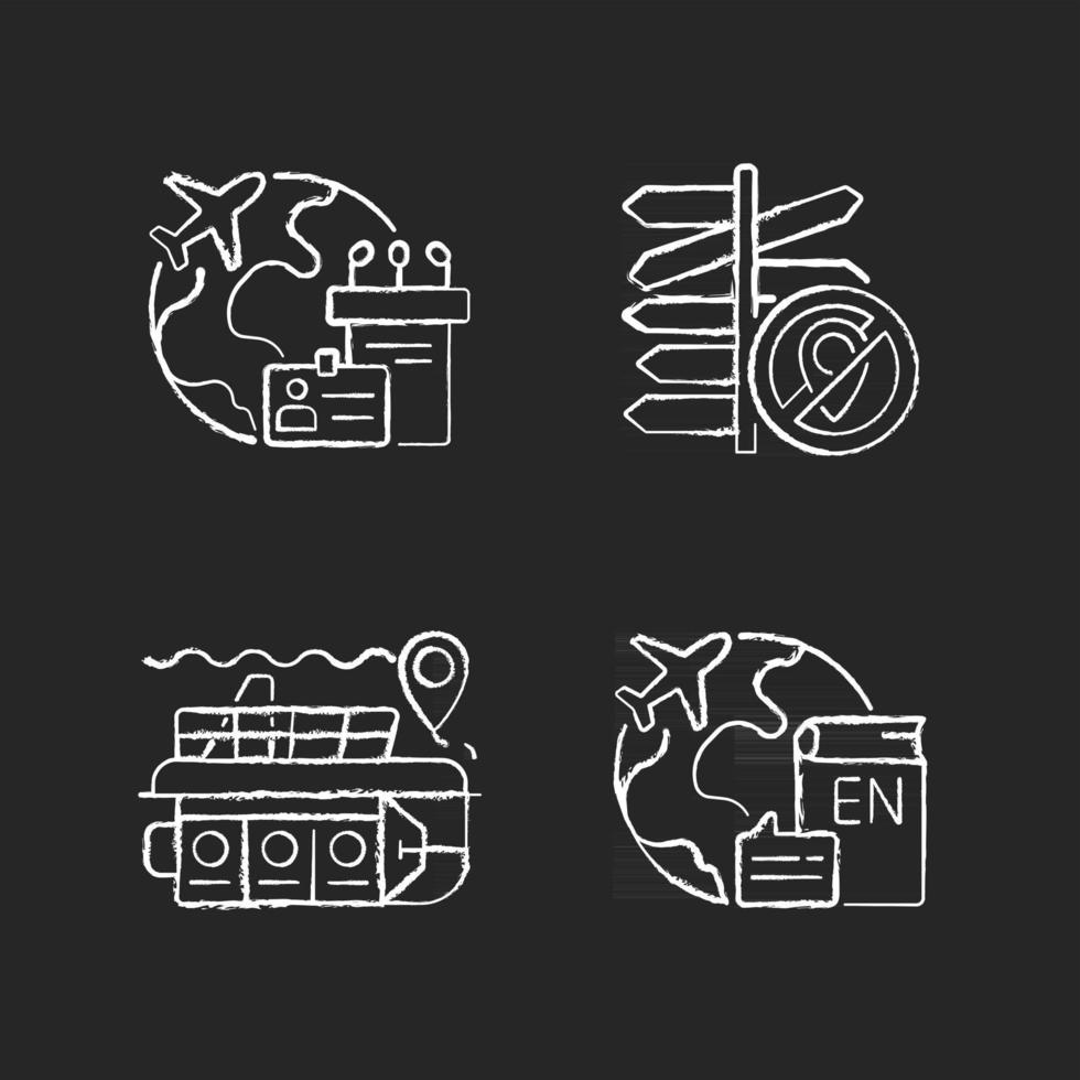 Categories of travel chalk white icons set on dark background. MICE tourism. Business trip. English teaching job abroad. Tourism types. Isolated vector chalkboard illustrations on black