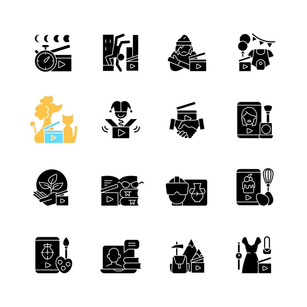 iconos de glifos negros de videografía en espacio en blanco. metraje de negocios. clases en línea para la educación. contenido entretenido. contenido de redes sociales. símbolos de silueta. vector ilustración aislada