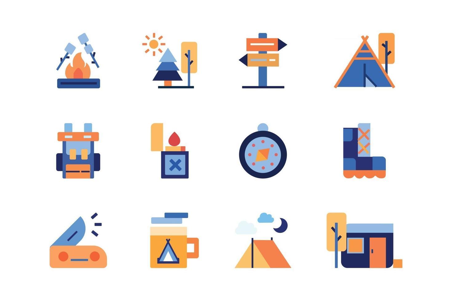 backpacker and camping holiday concept icon set. colored fill style icon vector illustration