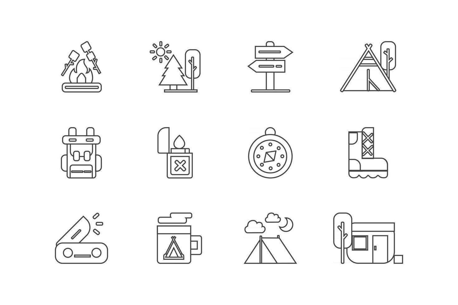 backpacker and camping holiday concept icon set. outline line style icon vector illustration