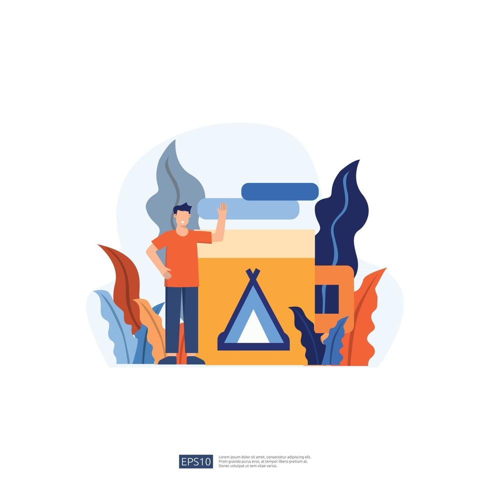 backpacker and camping holiday illustration with no face young man character. male people standing with gesturing. Flat style isolated vector illustration
