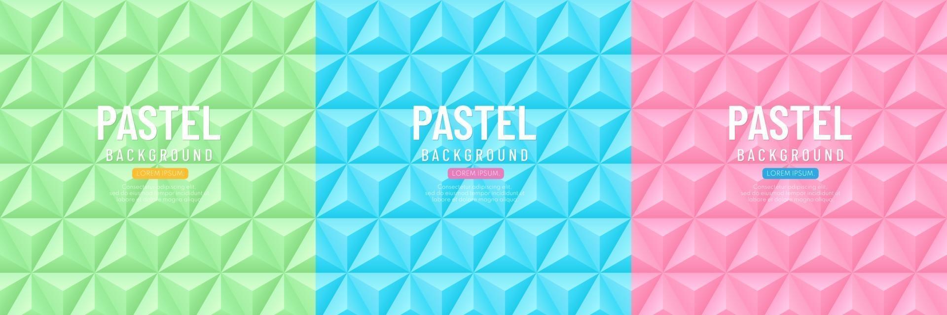 Set of green, light blue and sweet pink geometric 3D pattern background. Abstract triangle texture collection pastel color design. Minimal and simple banner design. Vector illustration