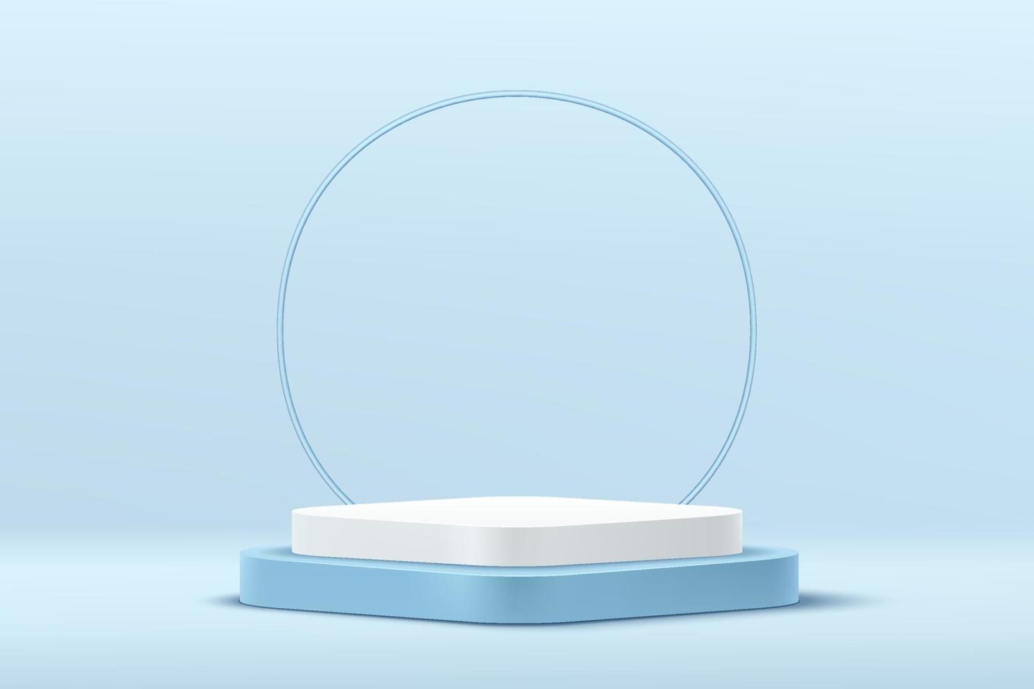 moderno podio de pedestal de cubo de esquina redonda blanco y azul con fondo de anillo de círculo azul. Escena mínima de color azul pastel abstracto. Representación vectorial Presentación de exhibición de producto de forma geométrica de plataforma 3D vector