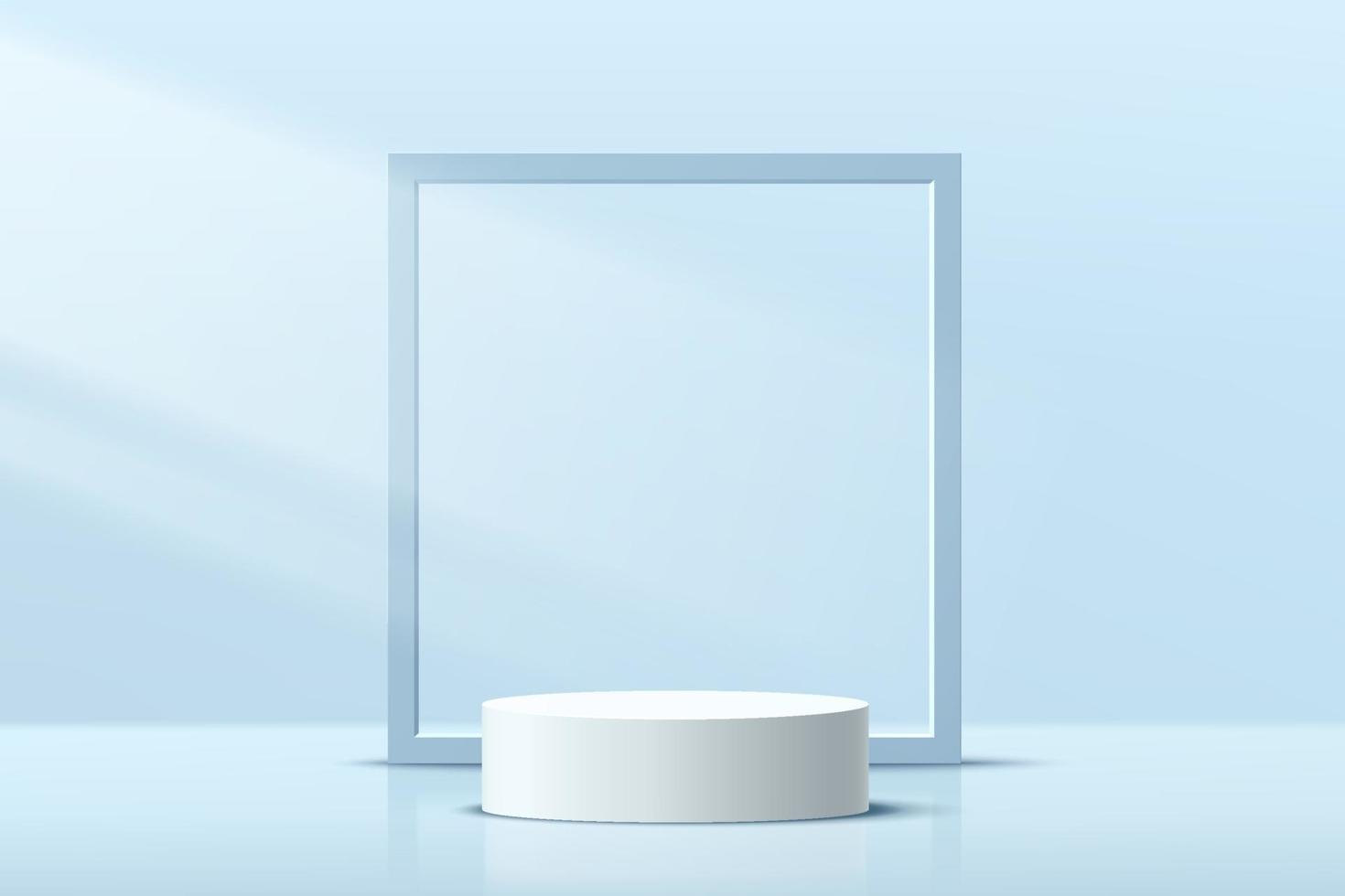 Modern white cylinder pedestal podium with blue geometric square frame backdrop. Abstract pastel blue color minimal wall scene. Vector rendering 3d shape, cosmetic product display presentation.