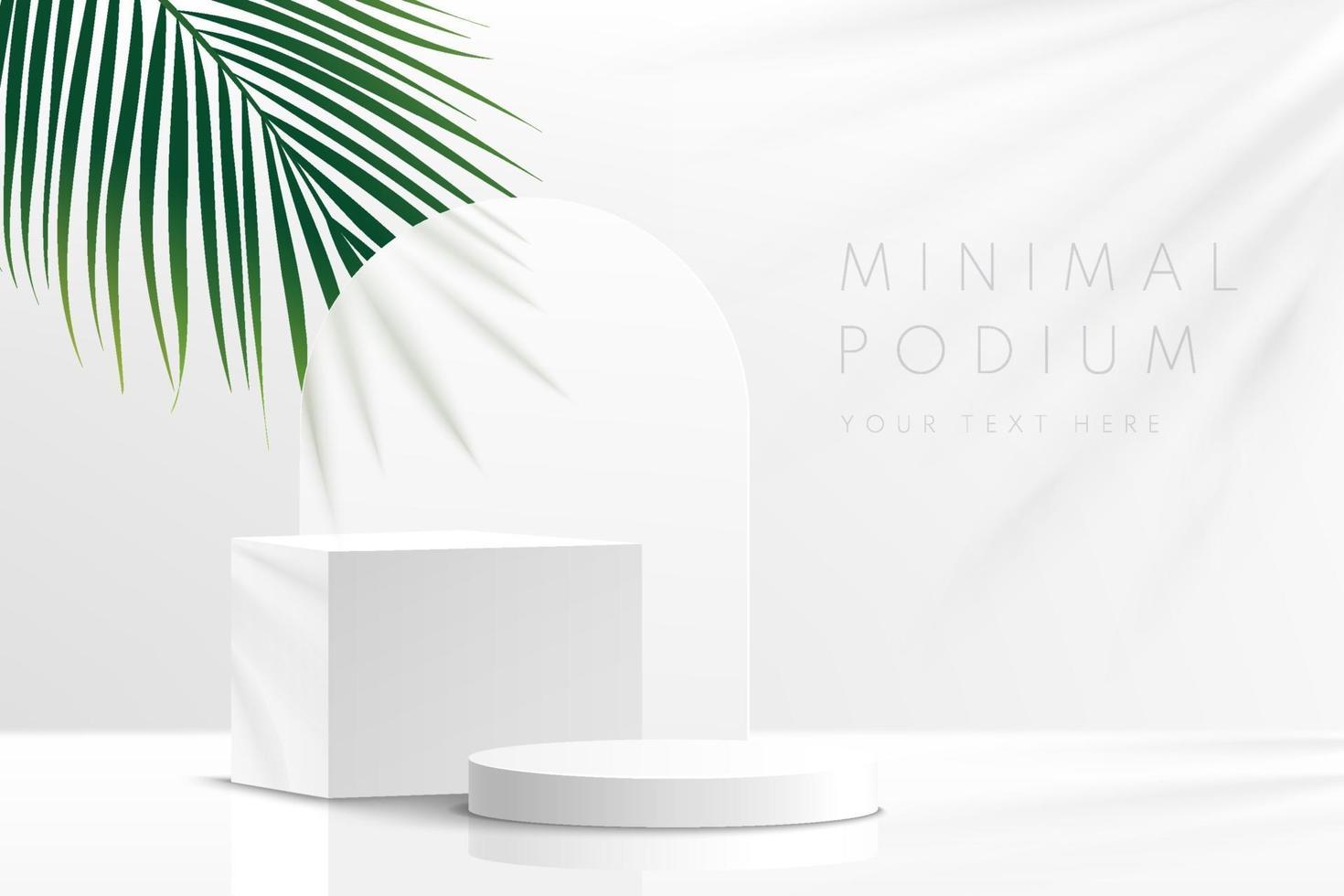 Modern white and gray geometric pedestal podium with green palm leaf. Platform in shadow. Abstract white and gray minimal wall scene. Vector rendering 3d shape cosmetic product display presentation.