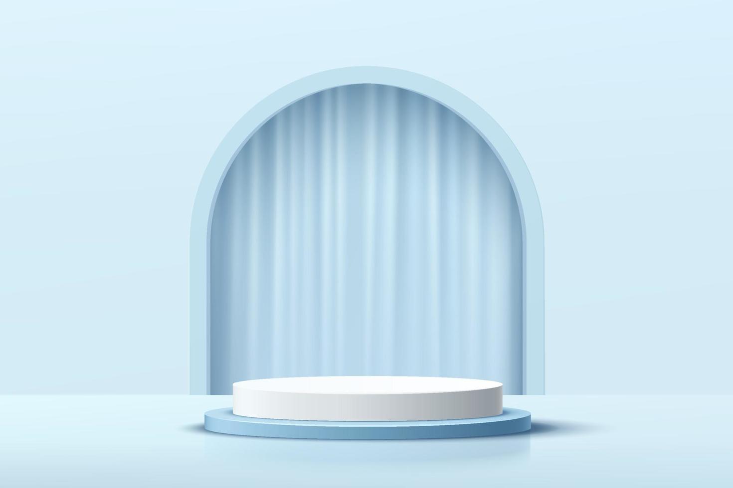 Modern white, blue cylinder pedestal podium with arch shape backdrop and blue curtains. Abstract pastel blue color minimal wall scene. Vector rendering 3d shape, cosmetic product display presentation.