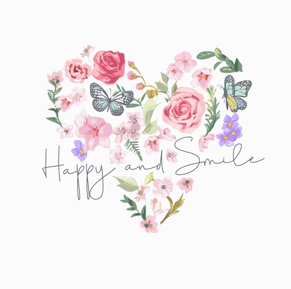 happy and smile with flowers in heart shape illustration vector