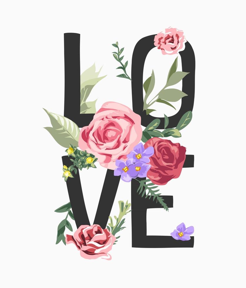 lema de amor con ilustración de rosas de colores vector