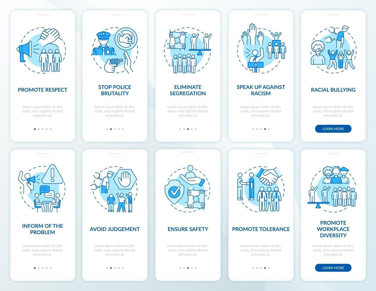 Fight racial intolerance onboarding mobile app page screens set. Support equality walkthrough 5 steps graphic instructions with concepts. UI, UX, GUI vector template with linear color illustrations