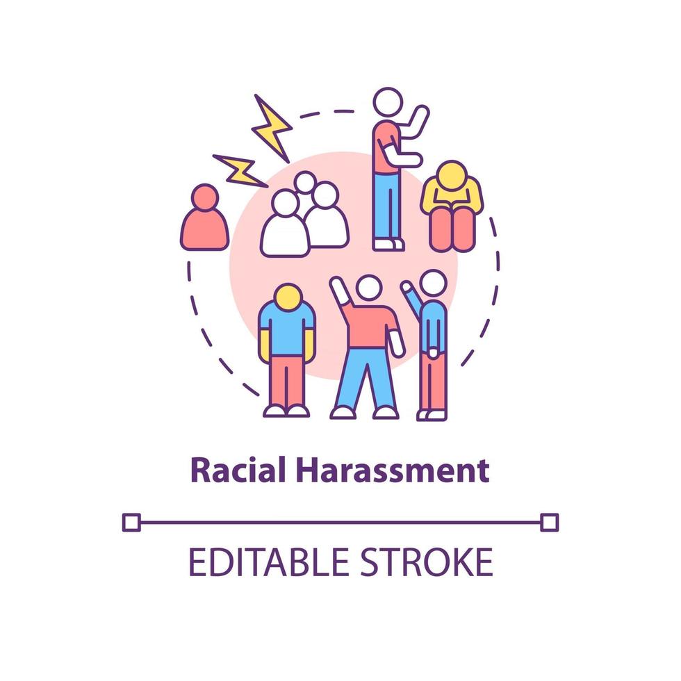 Racial harassment concept icon. Racism in social situation abstract idea thin line illustration. Racist intimidating behaviour. Vector isolated outline color drawing. Editable stroke