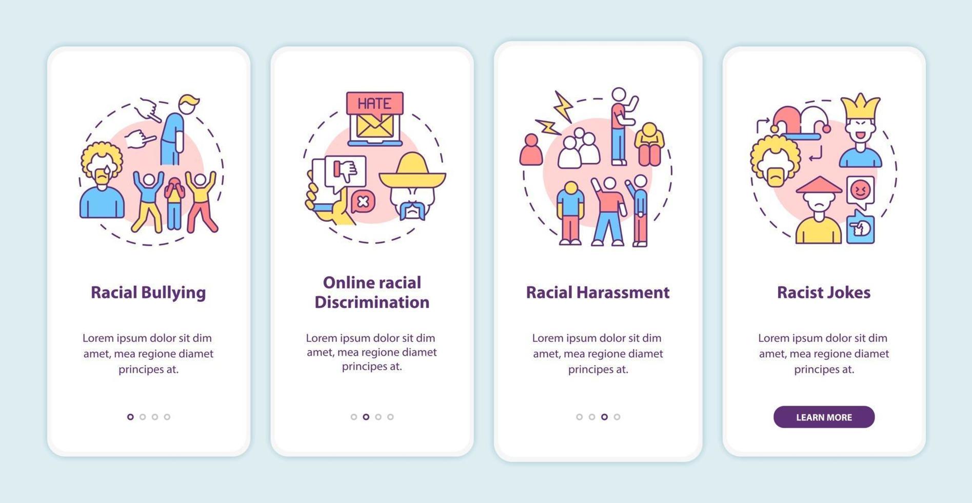 Racism in social situations onboarding mobile app page screen. Racial bullying walkthrough 4 steps graphic instructions with concepts. UI, UX, GUI vector template with linear color illustrations